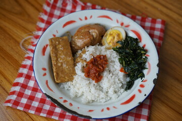 rice with egg, chicken and braised tempeh