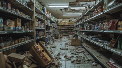 Fototapeta premium An old hallway in an abandoned store shows shelves filled with outdated and dusty products. Cardboard boxes lie strewn across the floor.