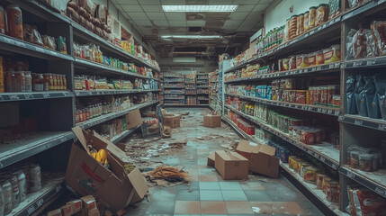 Fototapeta premium An old hallway in an abandoned store shows shelves filled with outdated and dusty products. Cardboard boxes lie strewn across the floor.