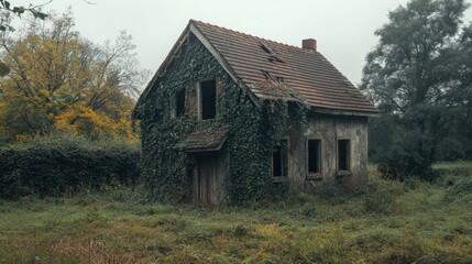 Fototapeta premium A house with ivy growing on it is in a field
