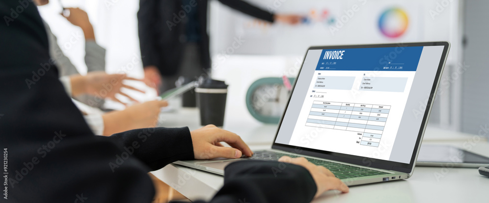 Poster invoice on computer screen from accounting application. computer program for financial and budget of