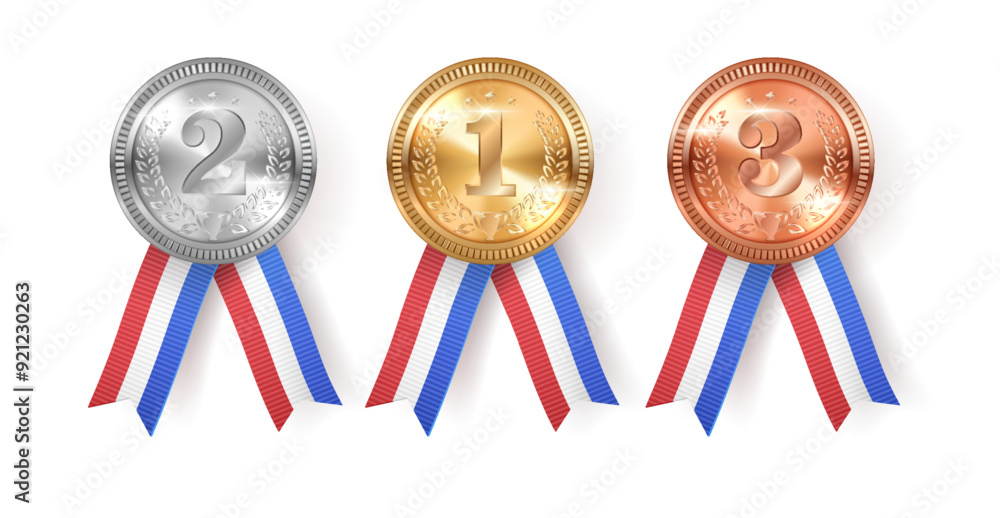 Canvas Prints Golden, silver and bronze medals with France flag ribbons realistic vector illustration. Contest winner rewards 3d models on white background