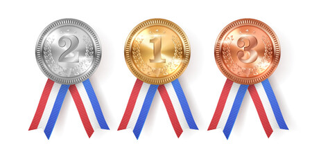 Golden, silver and bronze medals with France flag ribbons realistic vector illustration. Contest winner rewards 3d models on white background