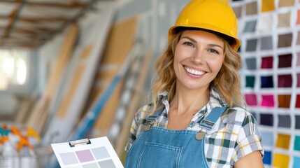 A female builder smiles brightly while holding color samples and wearing a safety helmet in a workshop, demonstrating her expertise in construction and design.
