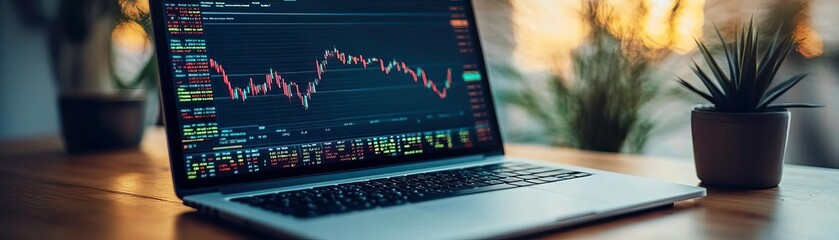 A laptop displaying stock market data with graphs, perfect for business and finance themes. Ideal for investment or technology use.