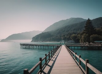 Fototapeta premium A Beautiful Serene Lake View Featuring a Wooden Pier Set Within a Misty Landscape Scene