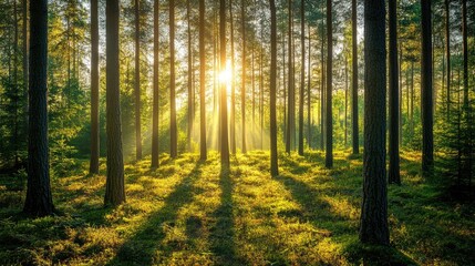 A serene pine forest with sunlight streaming through, creating a tranquil, nature-inspired background.