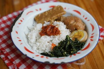 rice with tempeh,  egg and braised chicken 