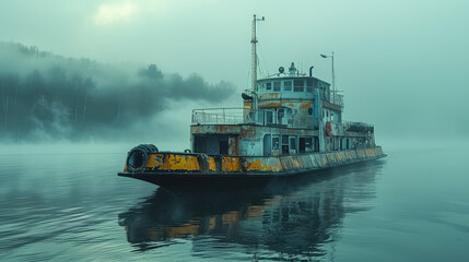 Fototapeta premium A large boat is floating in the water with fog in the background. The boat is old and rusted, giving the scene a sense of decay and abandonment. The fog adds to the overall mood of the image