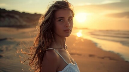 Naklejka premium A serene portrait of a young woman at sunset on a beach, capturing beauty and tranquility amid nature's golden hues.