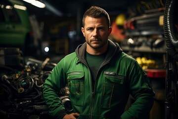 A skilled mechanic stands confidently in an auto repair shop, surrounded by tools and equipment, showcasing expertise in vehicle maintenance.