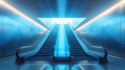 Fototapeta premium A blue escalator with a staircase in front of it