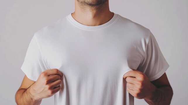 A man is wearing a white t-shirt and is holding it up to show off his chest