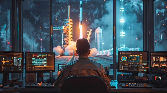 A thrilling view of a space launch from a control room, showcasing cutting-edge technology and a focused operator at the helm.