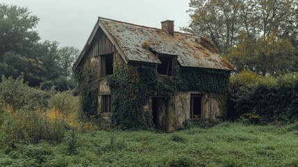 A house with ivy growing on it is in a field