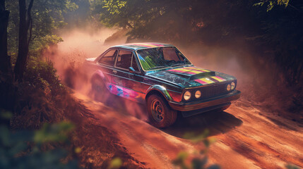 Obraz premium Vintage rally car with holographic color splashing the dirt in retro racing styled scene.