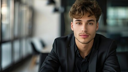 Obraz premium A young man in a formal outfit sits confidently in a modern office environment, showcasing professional style and charisma.
