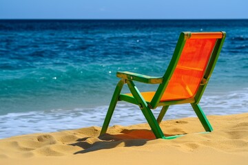 green and orange chair by the sea, tropical beach relaxation, sunny coastal scenery, hd beach chair scene, beach chair against blue ocean, orange and green chair on sandy beach