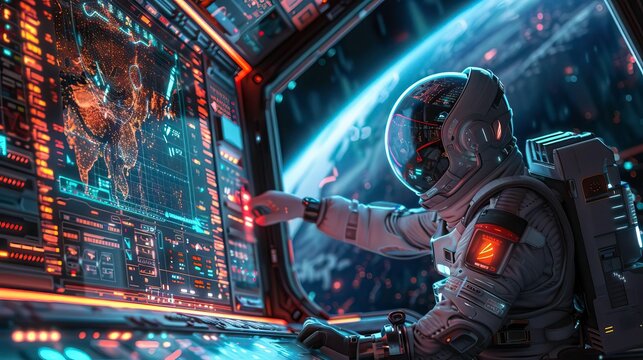 An astronaut operates advanced technology aboard a spacecraft with Earth visible in the background, showcasing space exploration. - Powered by Adobe