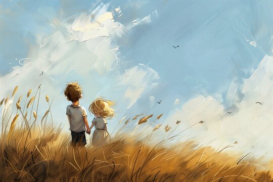 two children walking field tall grass princess staples puffy cute clouds couple hand looking top rated grows sky