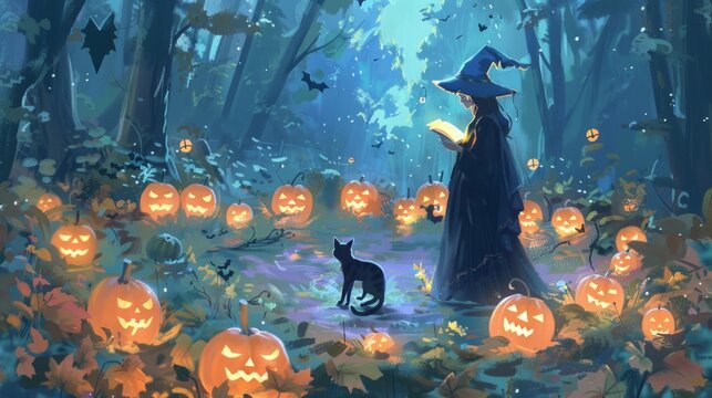 A mystical Halloween gathering in a moonlit forest clearing with glowing pumpkins and a witch reading a spell