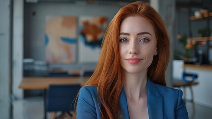 Confident businesswoman with red hair in modern office setting, showcasing professionalism and style for corporate imagery.