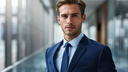Fototapeta premium Confident young man in a suit, exuding professionalism and style in a modern office setting.
