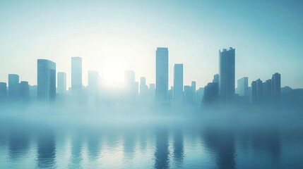 Fototapeta premium Misty city skyline at sunrise, featuring tall buildings and a scenic reflection in calm water, creating a serene urban atmosphere.