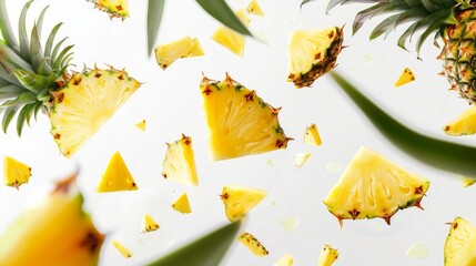 Naklejka premium Pineapples are classified as pseudo- or aggregate fruits .Pieces of pineapple with leaves fly on a white background. Isolated