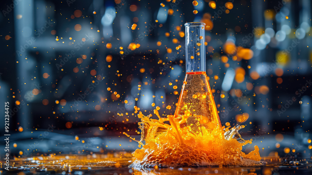 Aufkleber a glass beaker filled with liquid, with some of it splashing out. perfect for illustrating dynamic f