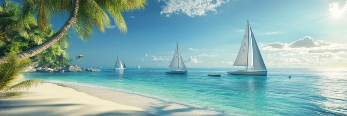 A picturesque scene of a tropical beach with palm trees, crystal clear water, and sailboats gliding across the azure ocean. The image evokes feelings of serenity, relaxation, and adventure.