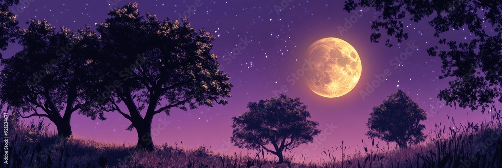 Wall mural A picturesque scene with a full moon illuminating the night sky, casting a warm glow on the landscape. Three trees stand silhouetted against the purple sky