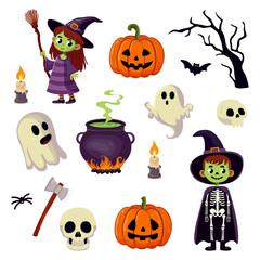 Set of vector characters and icons for Halloween.  Pumpkins, skull, spider, cauldron, witch, skeleton, skull, candle, bat ghosts. Traditional Halloween elements. Isolated on white background.