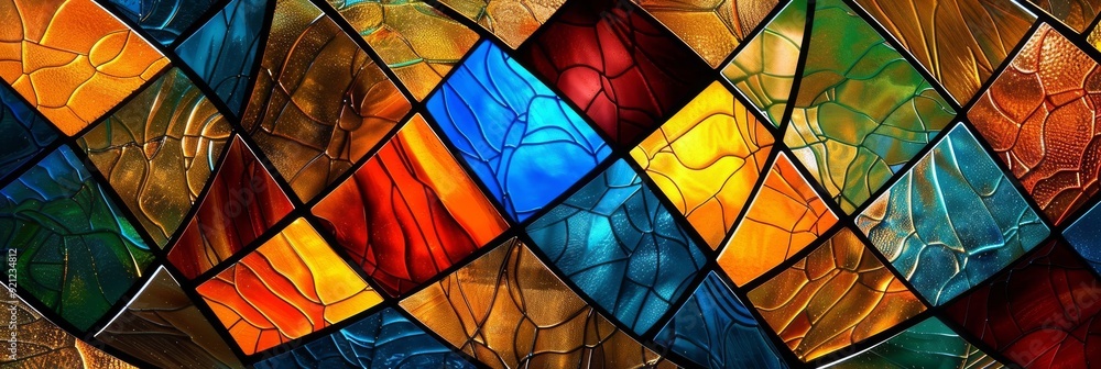 Poster A vibrant and colorful stained glass mosaic that showcases intricate patterns and an array of rich hues