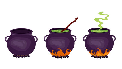 Witch's potion cauldron, three stages of bubbling witch's brew on fire. Vector illustration isolated on white background.  Happy Halloween