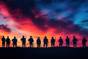 Fototapeta premium Silhouettes of Soldiers Against a Vibrant Sunset Sky
