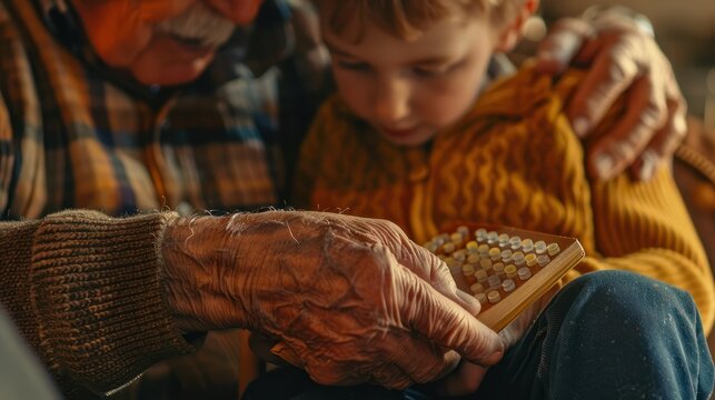 Cropped hands of caucasian grandfather assisting blind grandson in reading braille book at home Unaltered family togetherness childhood retirement education touching and disability con : Generative AI