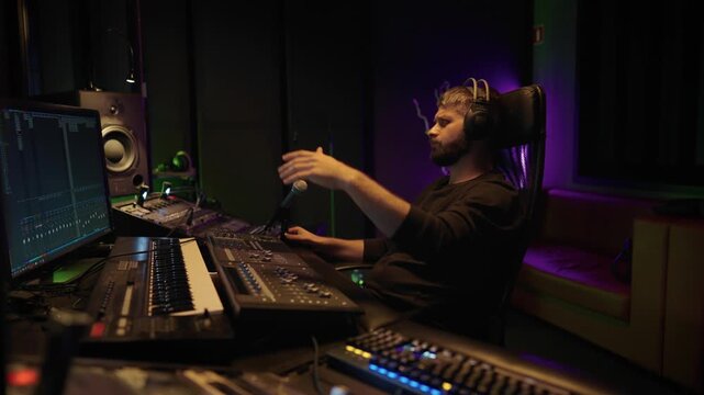 Soundman working in professional record studio, portrait of man with mixer. Skilled sound director using digital audio workstation with multi-monitor set-up, recording music track or dubbing sounds