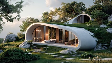 An ear model house built into a hillside, featuring eco-friendly materials and panoramic views. 