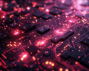 Fototapeta premium A close up of a circuit board with red lines and glowing dots