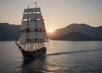 Fototapeta premium A Majestic Sailing Ship Gliding Gracefully at Sunset Over Tranquil, Reflective Waters