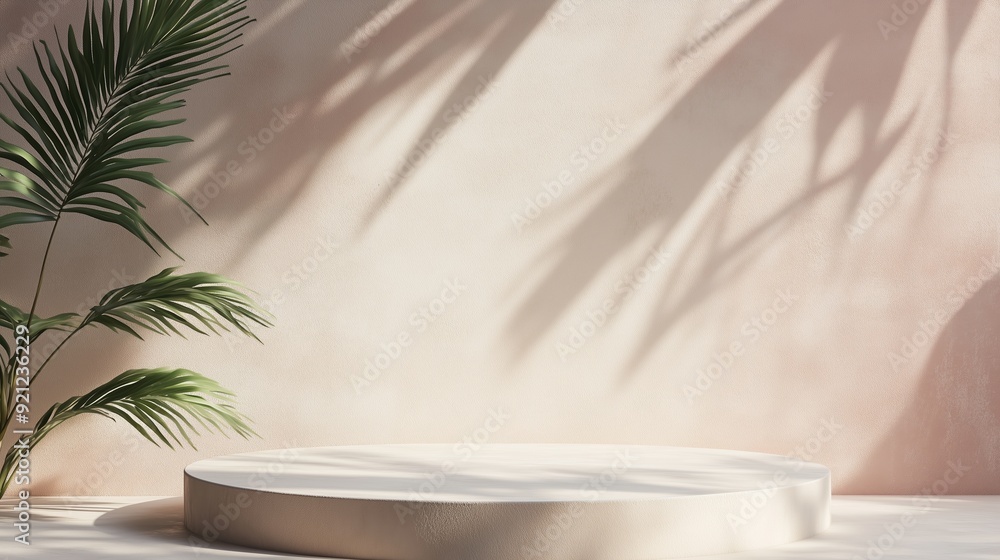 Aufkleber minimalist display concept with palm foliage casting shadows against a soft pink background