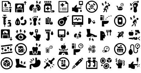Set Of Linear Diabetes Jumpicon Glyph Icons Web Header Banner Design Containing Blood-Test,Medical,Medicine,Pain,Food Outline Icons Collection. Simple Vector Illustration