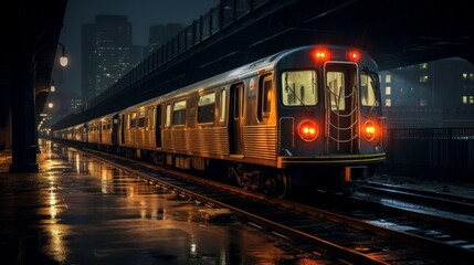 Naklejka premium Commuter train at metro railway station at night. Neural network ai generated art