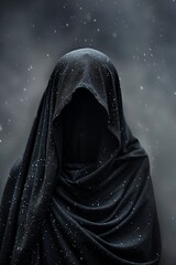 woman black cloak hood transparent background death corruption god winter face visible standing banshee member endless white cloth scarf necro
