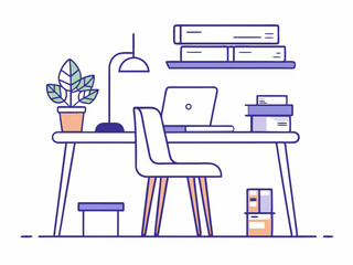 single line drawing of chair and desk with modern computer, stack of books and potted plant, working from home concept line art vector illustration
