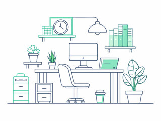 single line drawing of chair and desk with modern computer, stack of books and potted plant, working from home concept line art vector illustration
