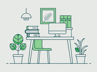 single line drawing of chair and desk with modern computer, stack of books and potted plant, working from home concept line art vector illustration
