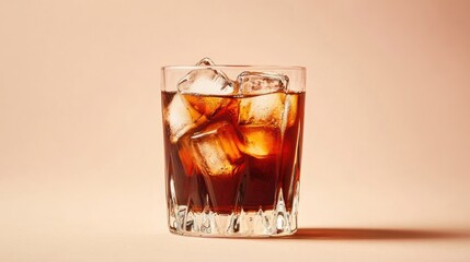 A glass of cold brew coffee with ice cubes, set against a clean background with ample space for text or graphics.