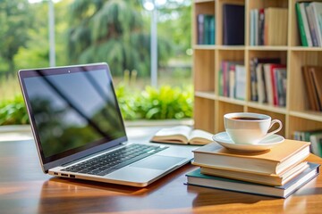 Modern e-learning setup with a laptop, books, and a cup of coffee, symbolizing online education and distant learning